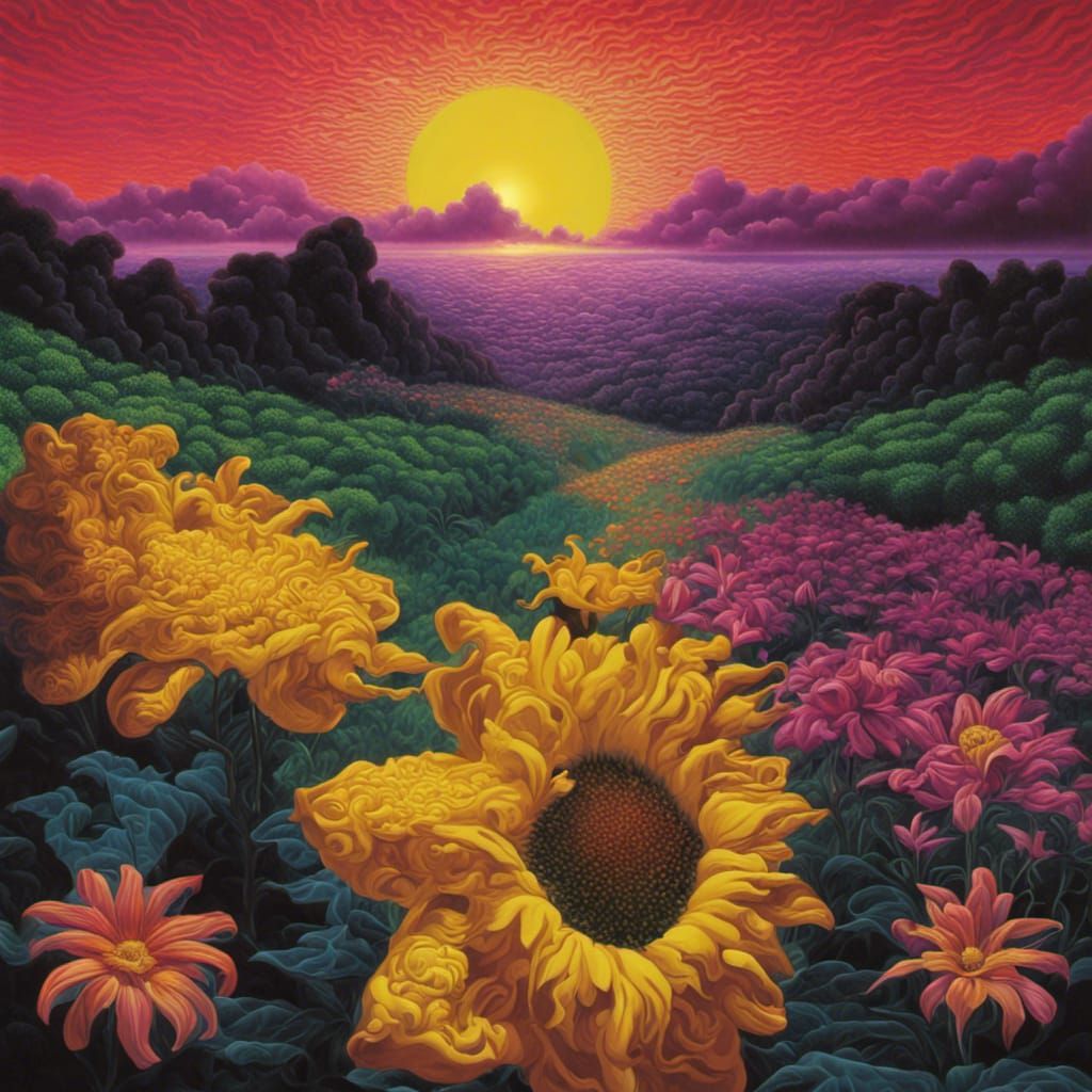 Sun and Flowers at Dusk in Expressionist Style