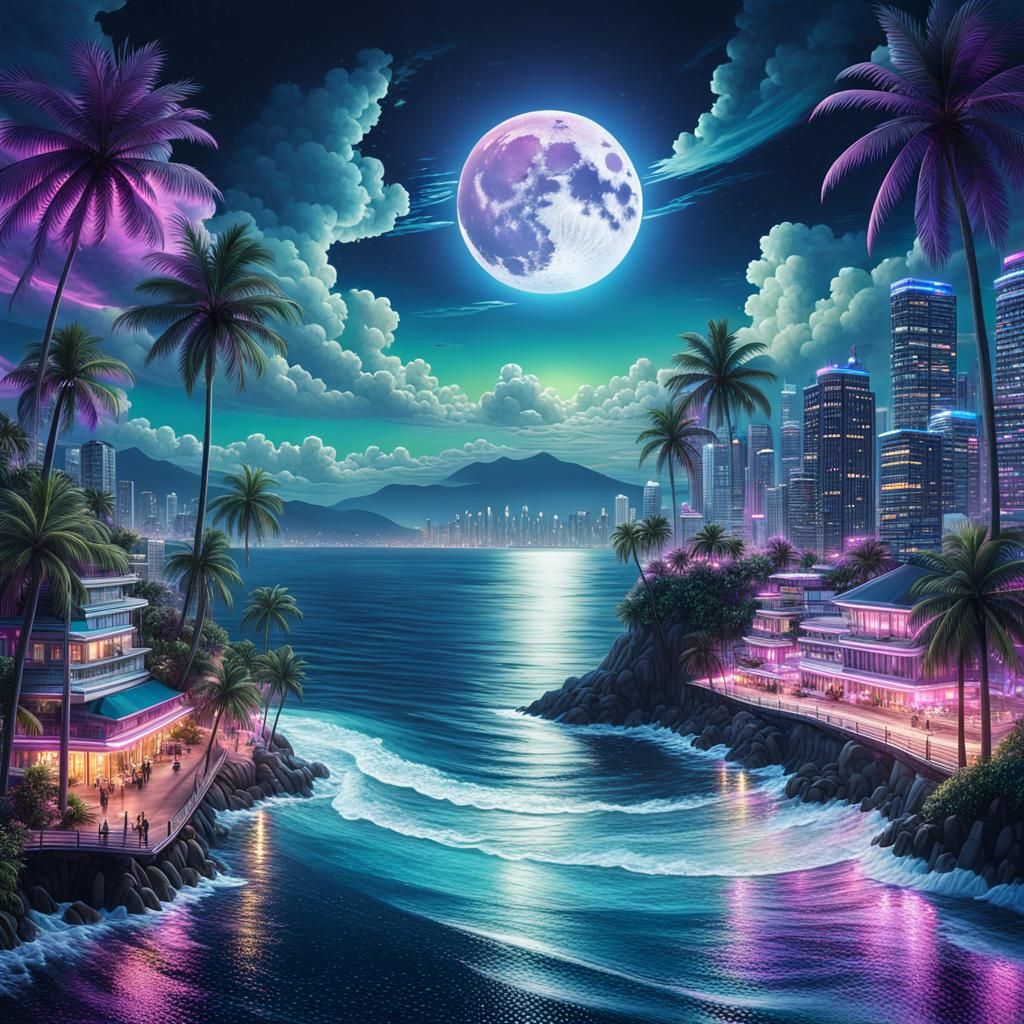 Coastal City at Night with Neon Waves: Hyperrealistic Art
