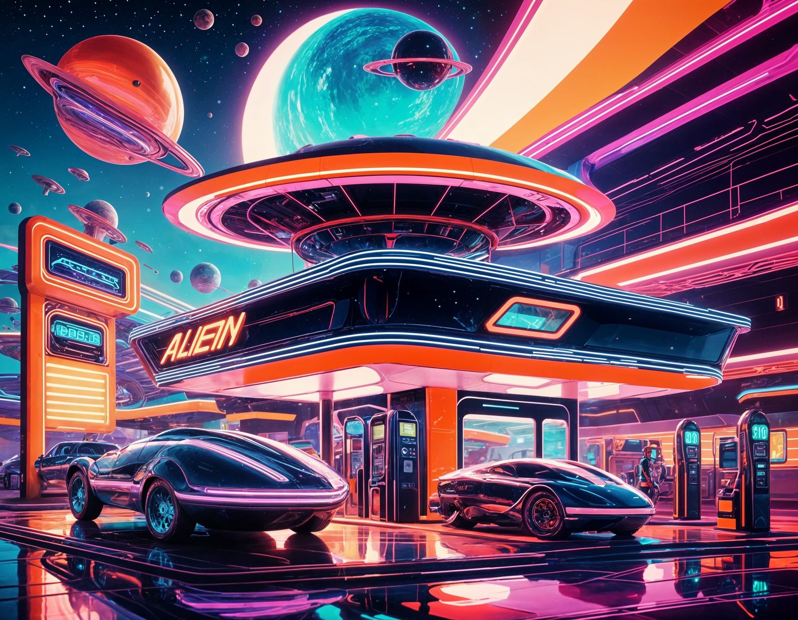 Psychedelic Alien Gas Station in Futuristic Galaxy