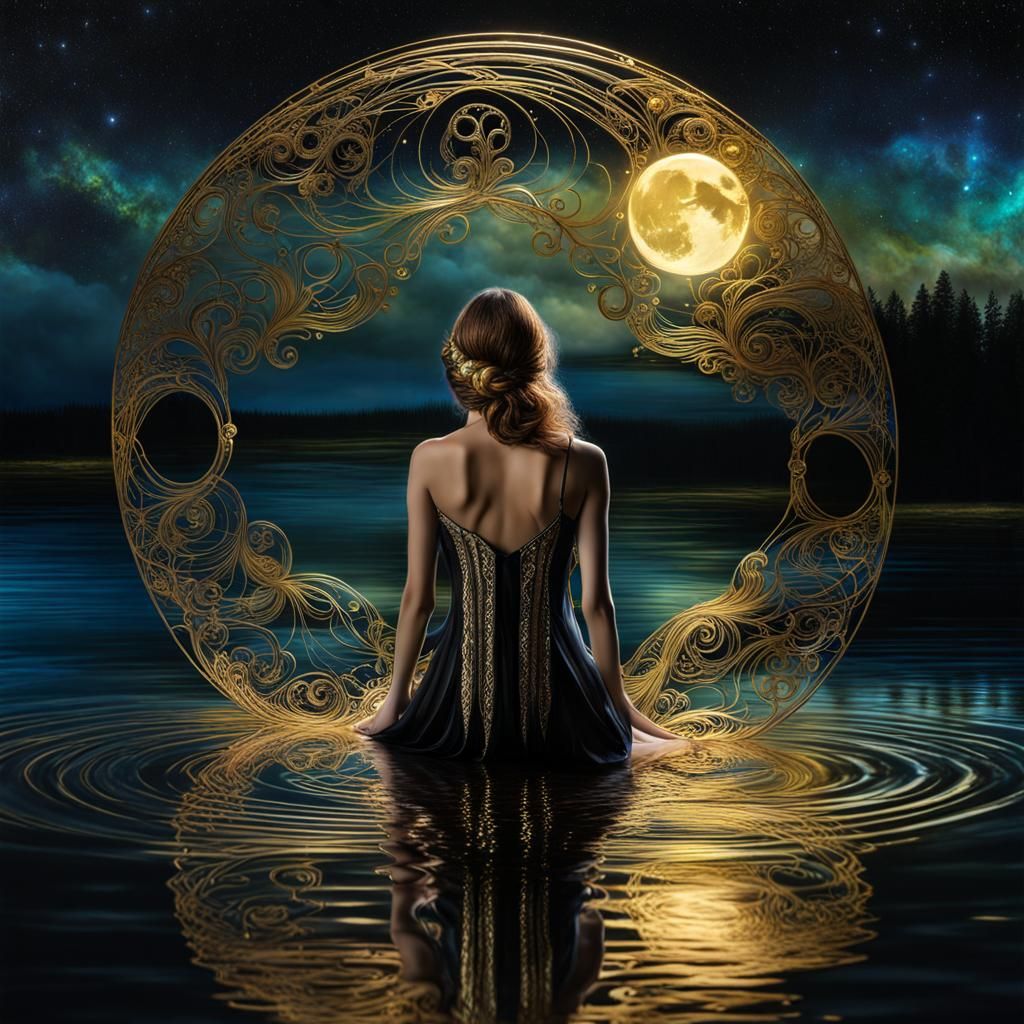 Ethereal Woman in Moonlit Lake: Alcohol Ink Art