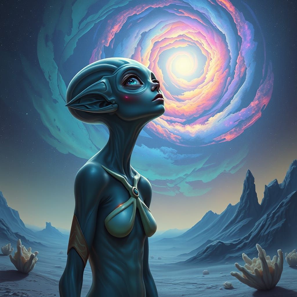 Alien Woman Gazes at Nebula on Crystal Planet
