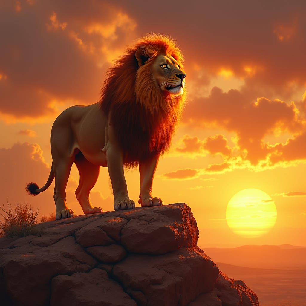 Fiery Lion on Rocky Cliff at Sunset: Hyperrealistic Digital ...