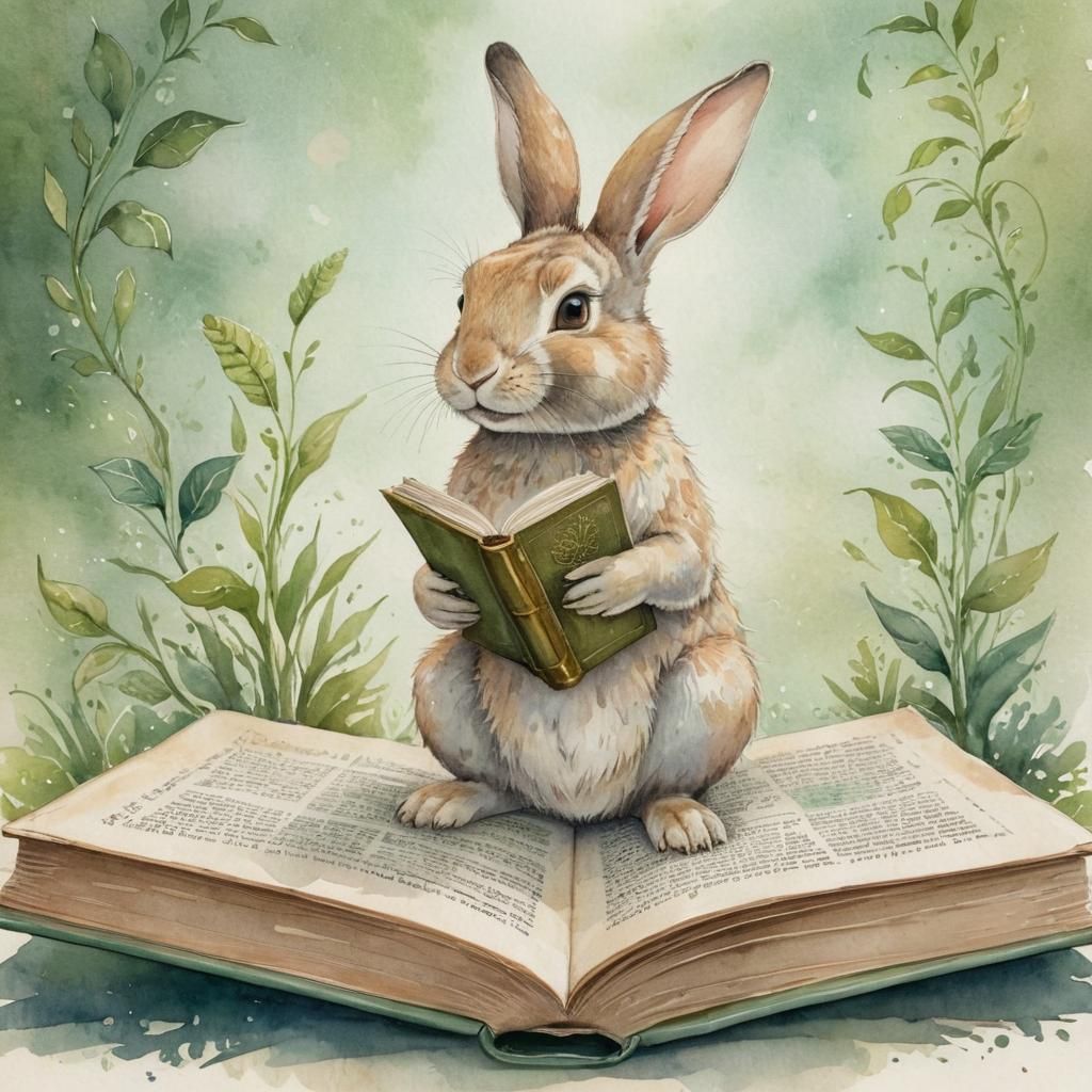 Rabbit Reading Book, Whimsical Watercolor Illustration