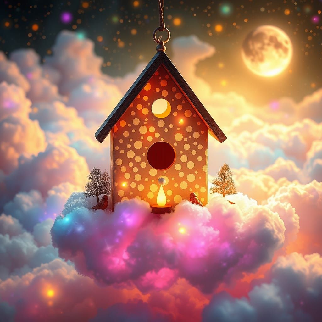 Dreamy Birdhouse Floating in Colorful Clouds