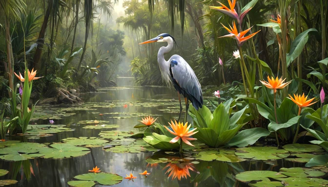 Exotic Fractal Lake with Heron and Lotus, in Daeni Style