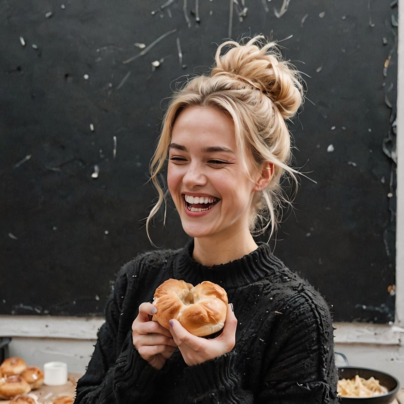 Laughing Blond Woman with Bun in Black Sweater