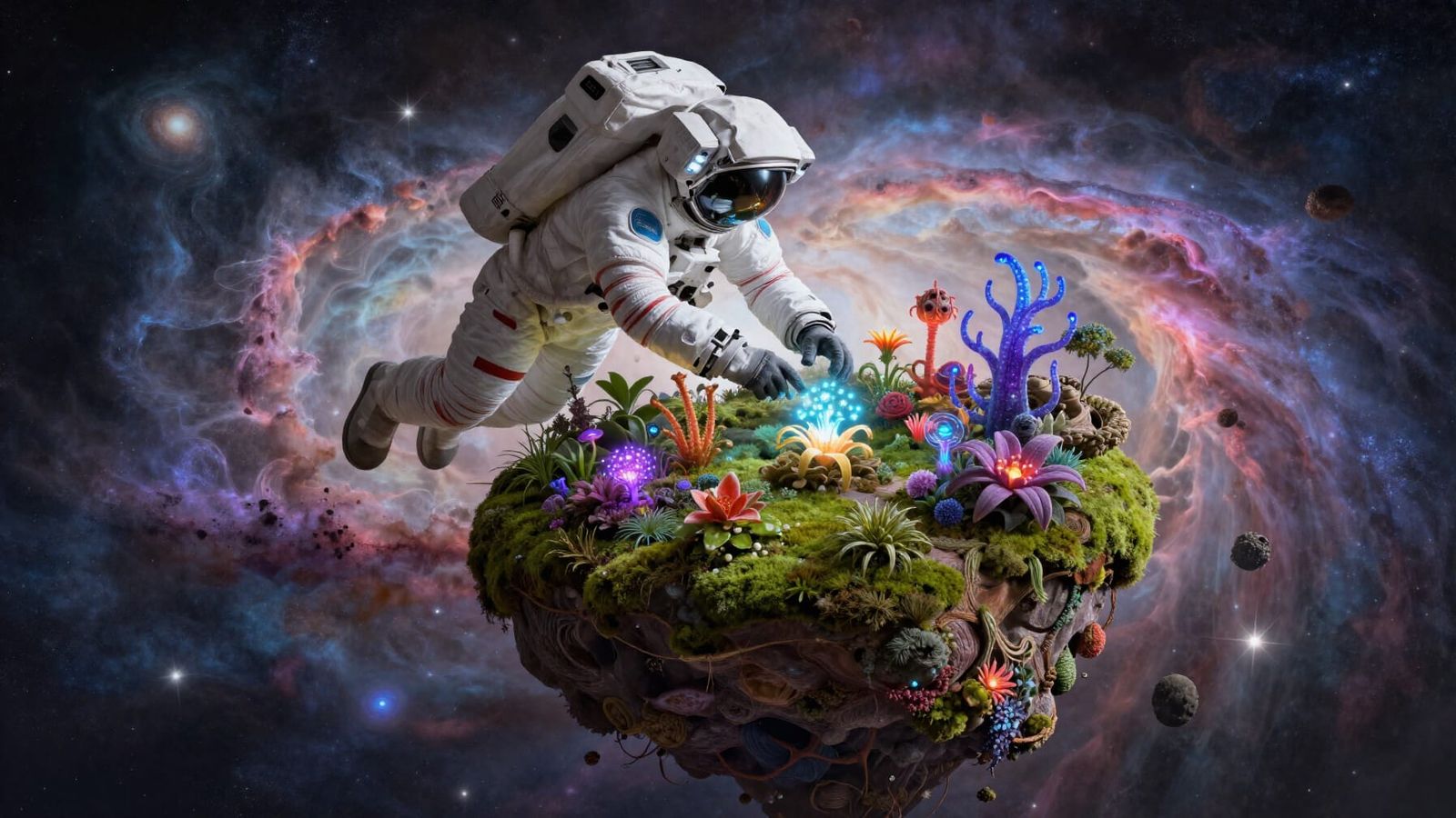 An astronaut floating in a cosmic sea of swirling nebulae