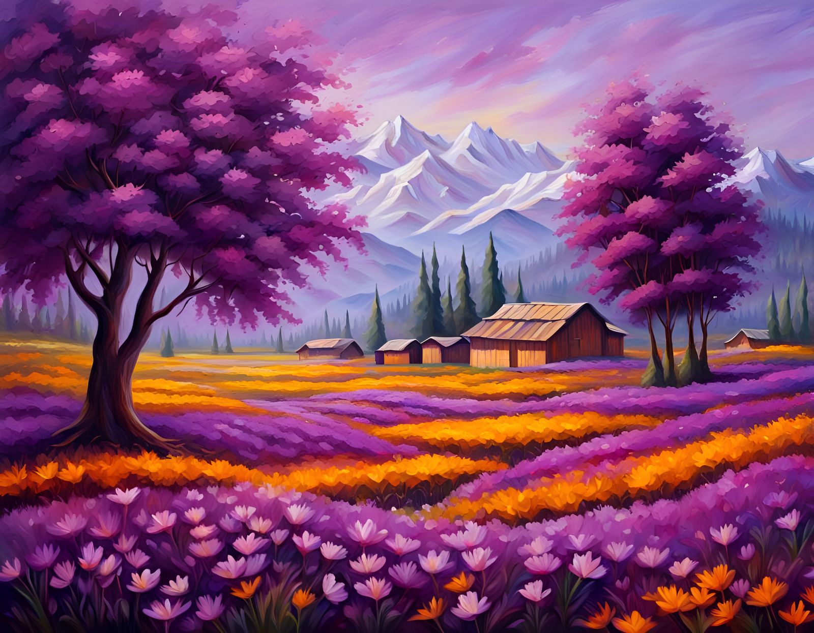 Kashmir Saffron Fields: A Detailed Oil Painting