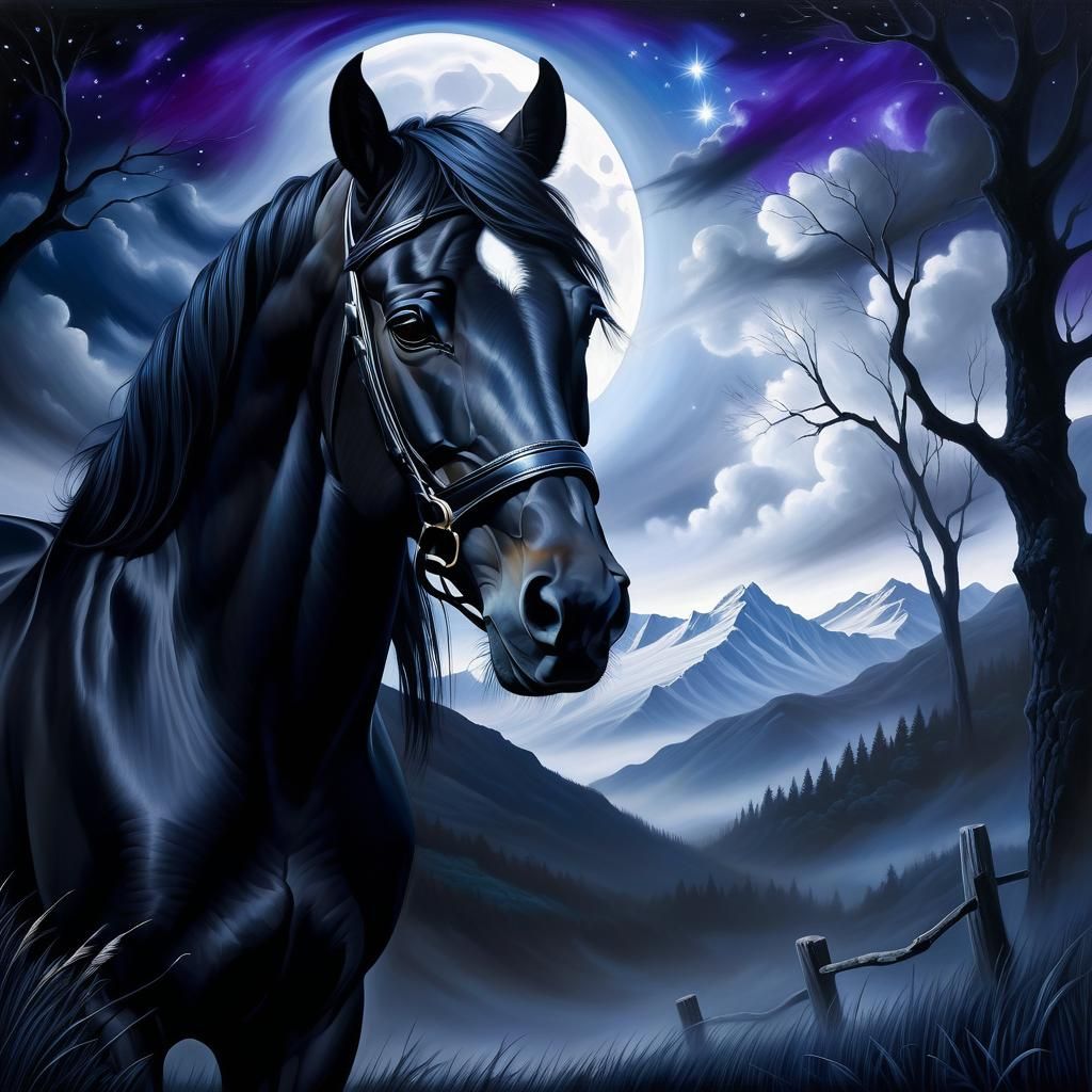 Black Horse in Moonlit Fantasy Landscape Painting