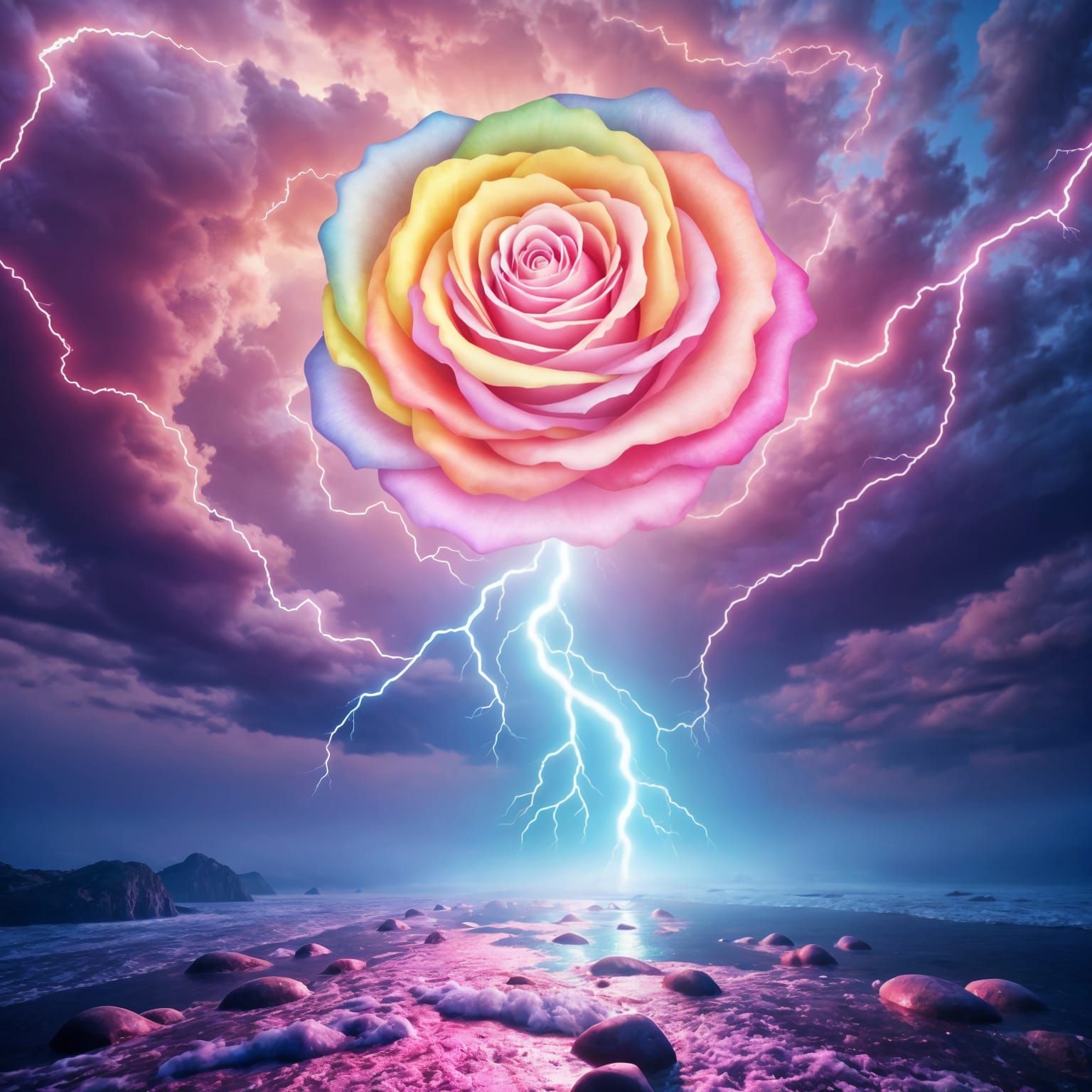 Rose Lightning Over Rainbow Waterfall in Dreamcore Style