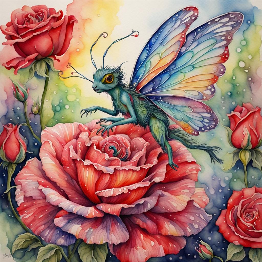 Multicolour Faerie Flitting Near Red Rose Watercolour