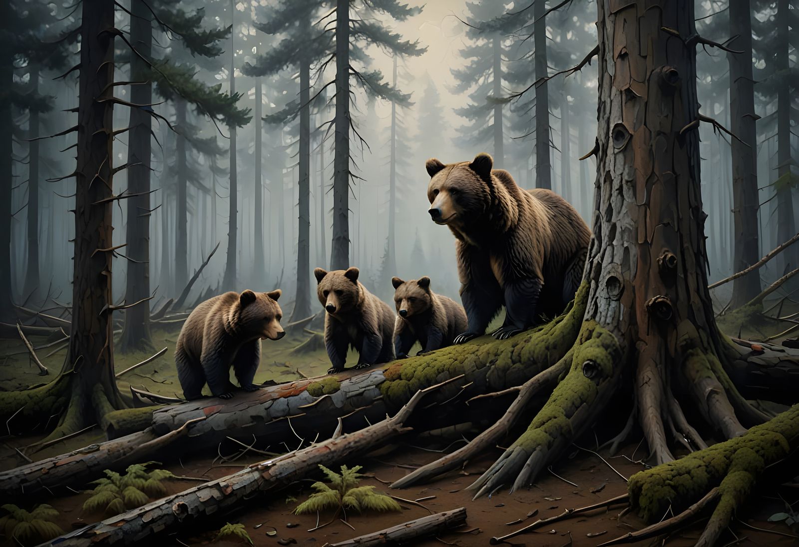 Bear Family Plays in Misty Pine Forest Oil Painting