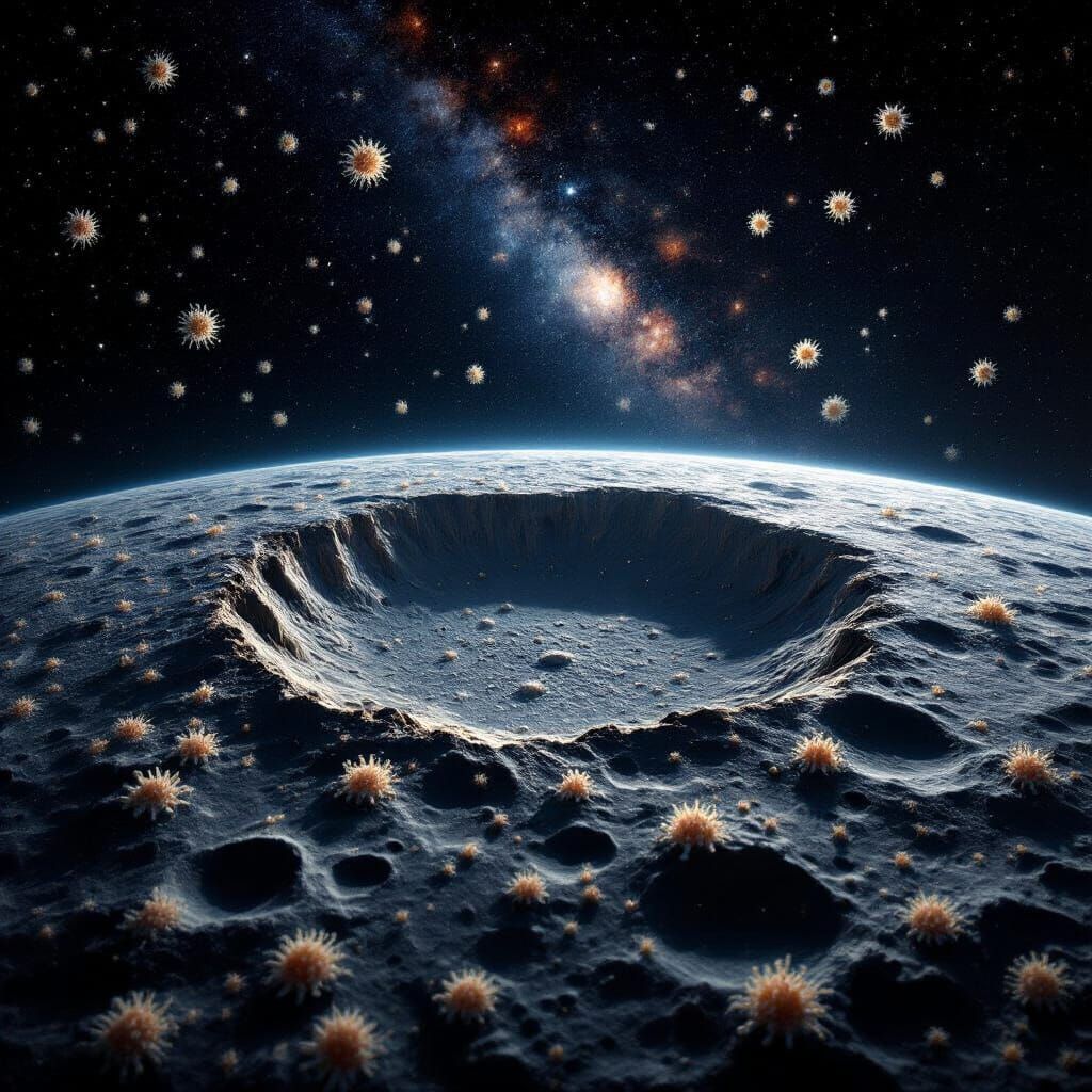 Cratered Moon Planet with Bacteria-Shaped Stars