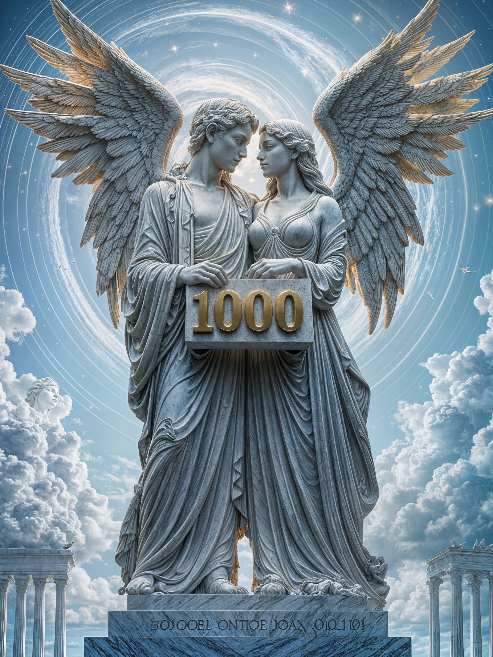 Marble Couple Statue with Gold Numerals in Digital Art