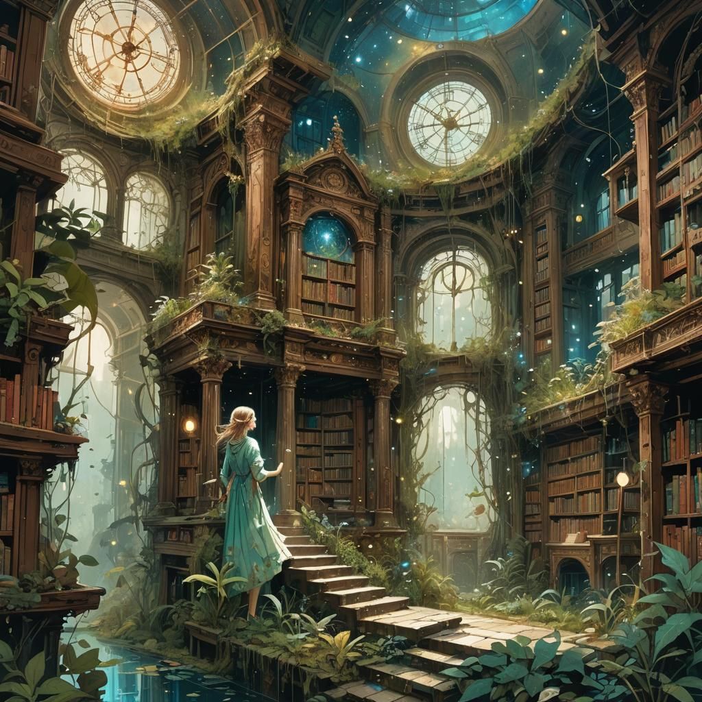 Overgrown Ancient Library with Hourglass in Unreal Engine