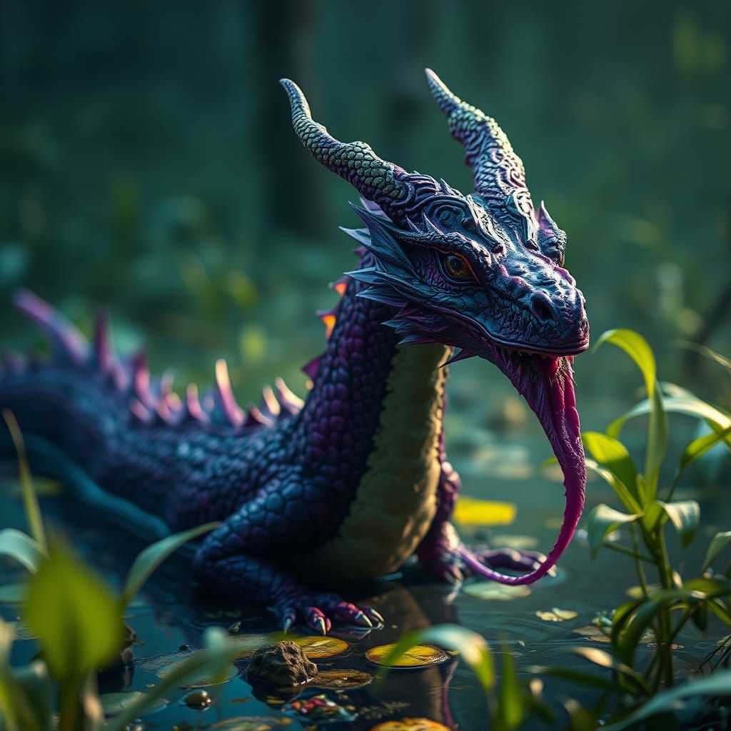 Detailed Purple Dragon in Swamp, Dark Fantasy Art