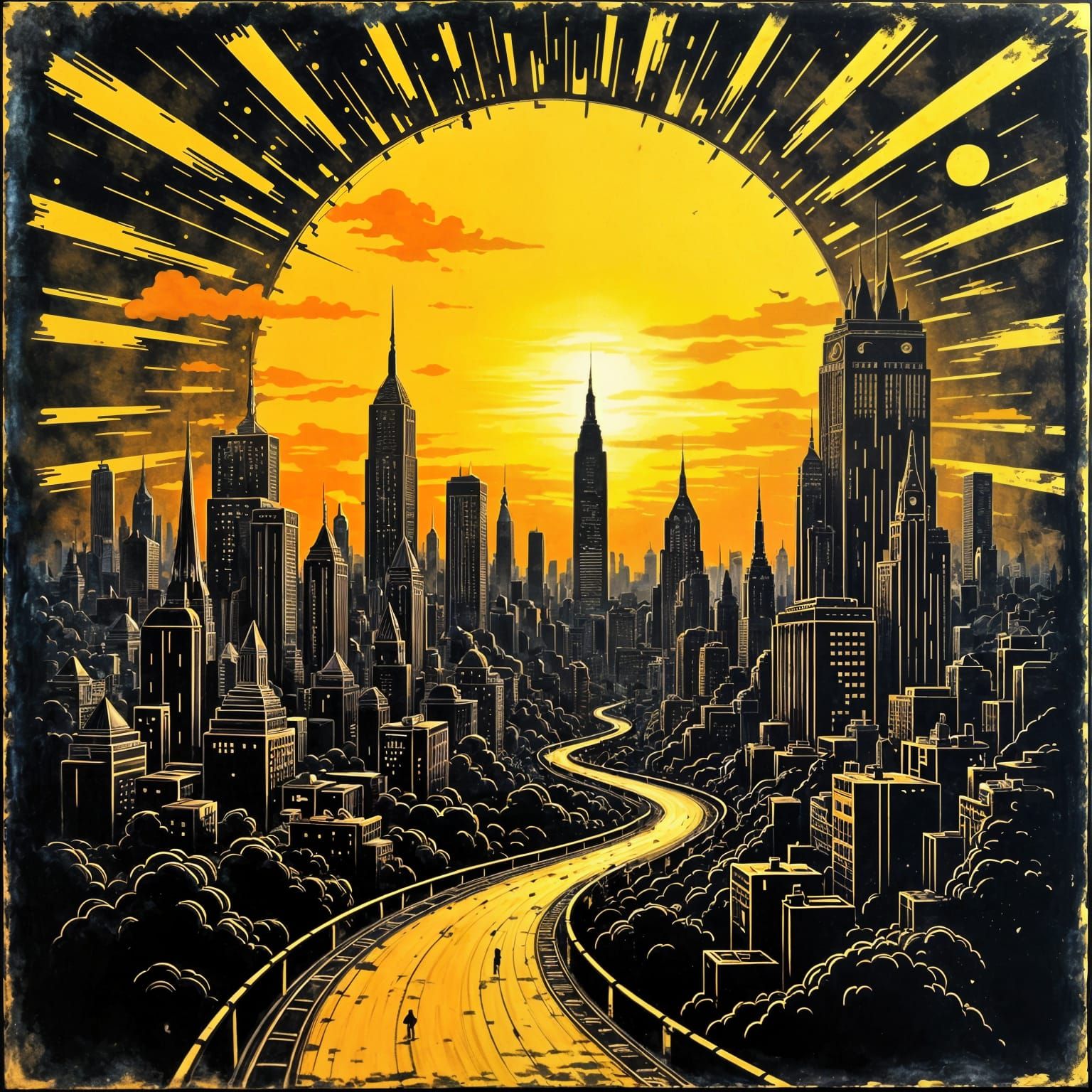 Vibrant Art Deco Cityscape at Sunset