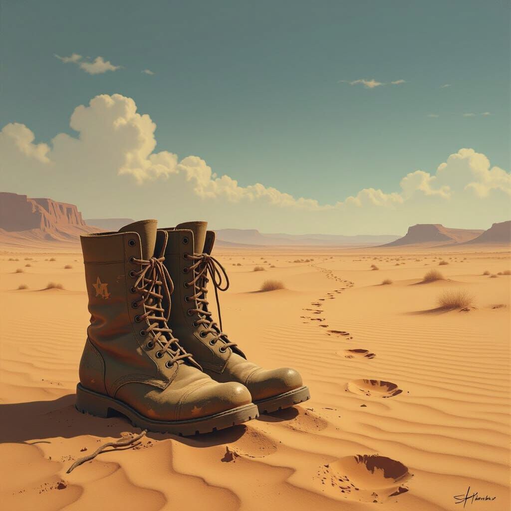 Abandoned Boots in Desert Landscape: Digital Art