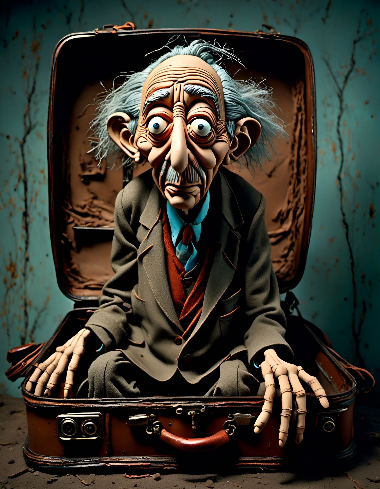 Spooky Surreal Clay Puppet with Suitcase Face