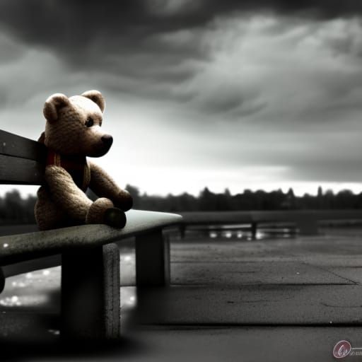 Sad Teddy Bear Left on Park Bench