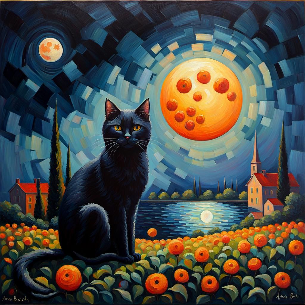 Black Cat Full Moon Neo-Impressionist Oil Painting