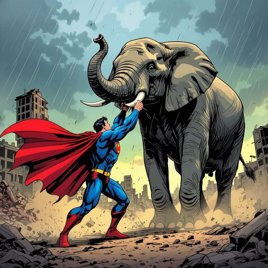 Superman Lifts Elephant in Ruined City Comic Style