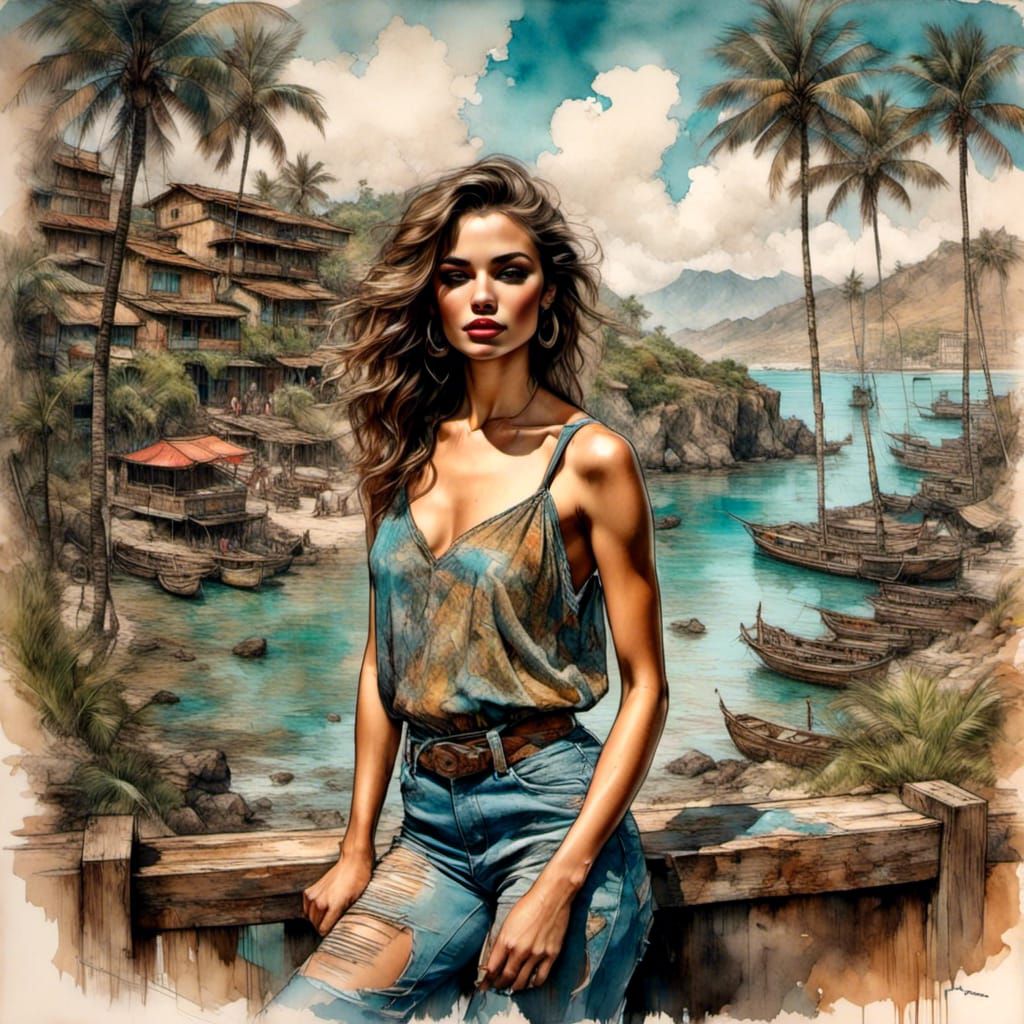 Brunette Beauty on Miami Beach in Vaporwave Style