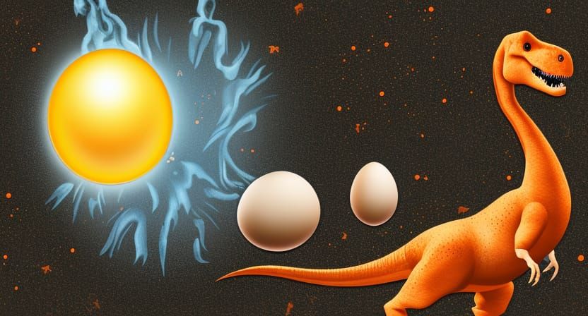 Dinosaur Cooking Egg on Meteorite: Digital Art
