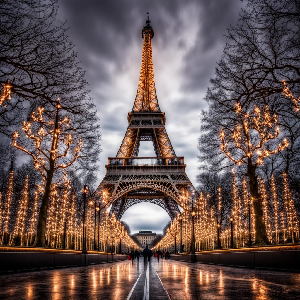 Eiffel Tower Christmas Decorations in Hyperrealistic Style