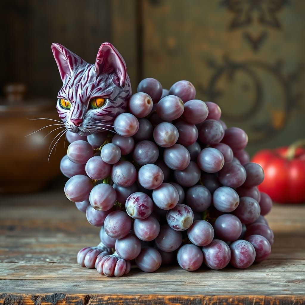 Grape Cat in Whimsical Renaissance Still Life