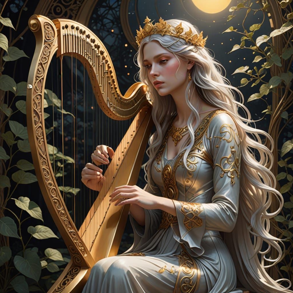 Ethereal Art Nouveau Harpist in Starlight Crown