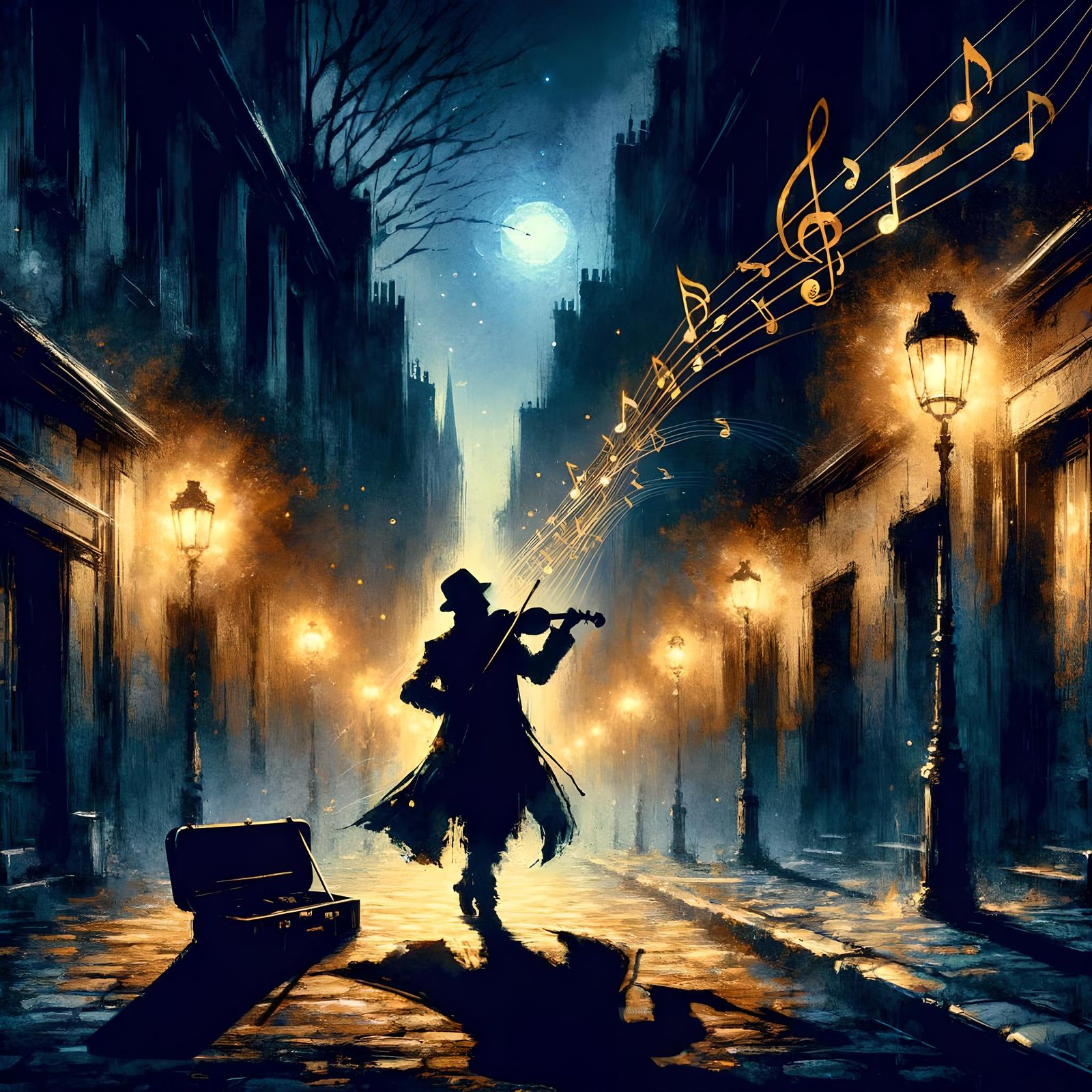Paris Alley Violinist in Silhouette Art Style