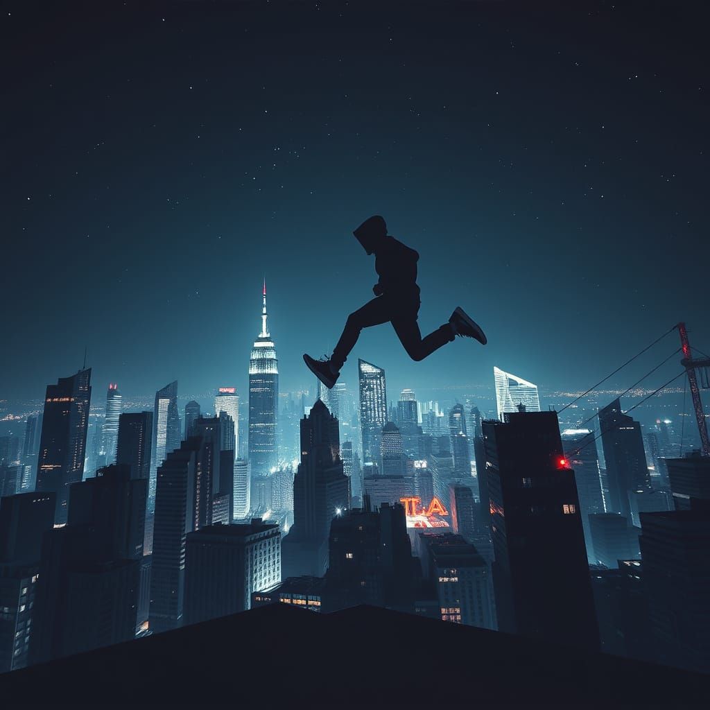 City Rooftop Leaper in a Dark, Gritty, High-Contrast Scene