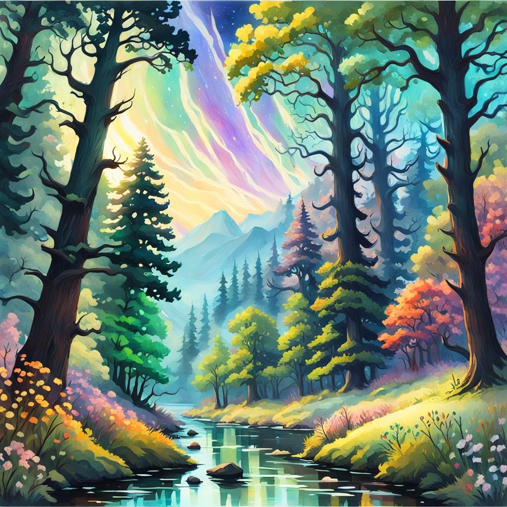 Glowing Cottagecore Meadow With Crystalline River in Gouache