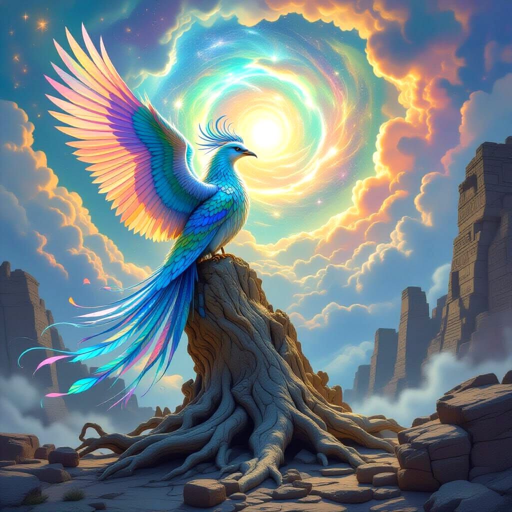 Majestic Birdwoman on Petrified Tree Under Celestial Sky