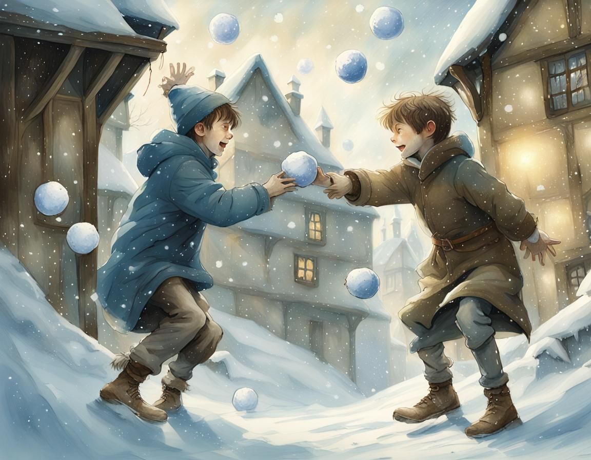 Whimsical Snowball Fight in Snowy Village