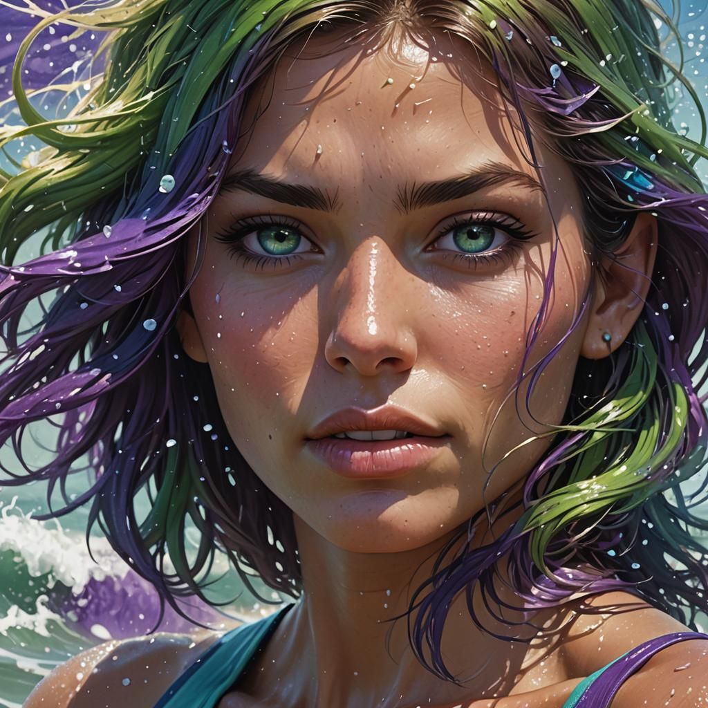 Wet Surfer Girl Portrait with Explosive Background