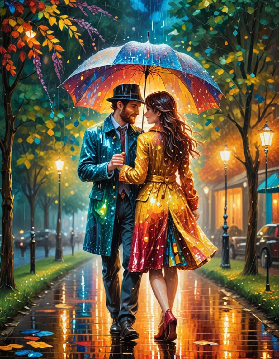 Vibrant Pointillist Sparkle in a Colorful Rainy Scene