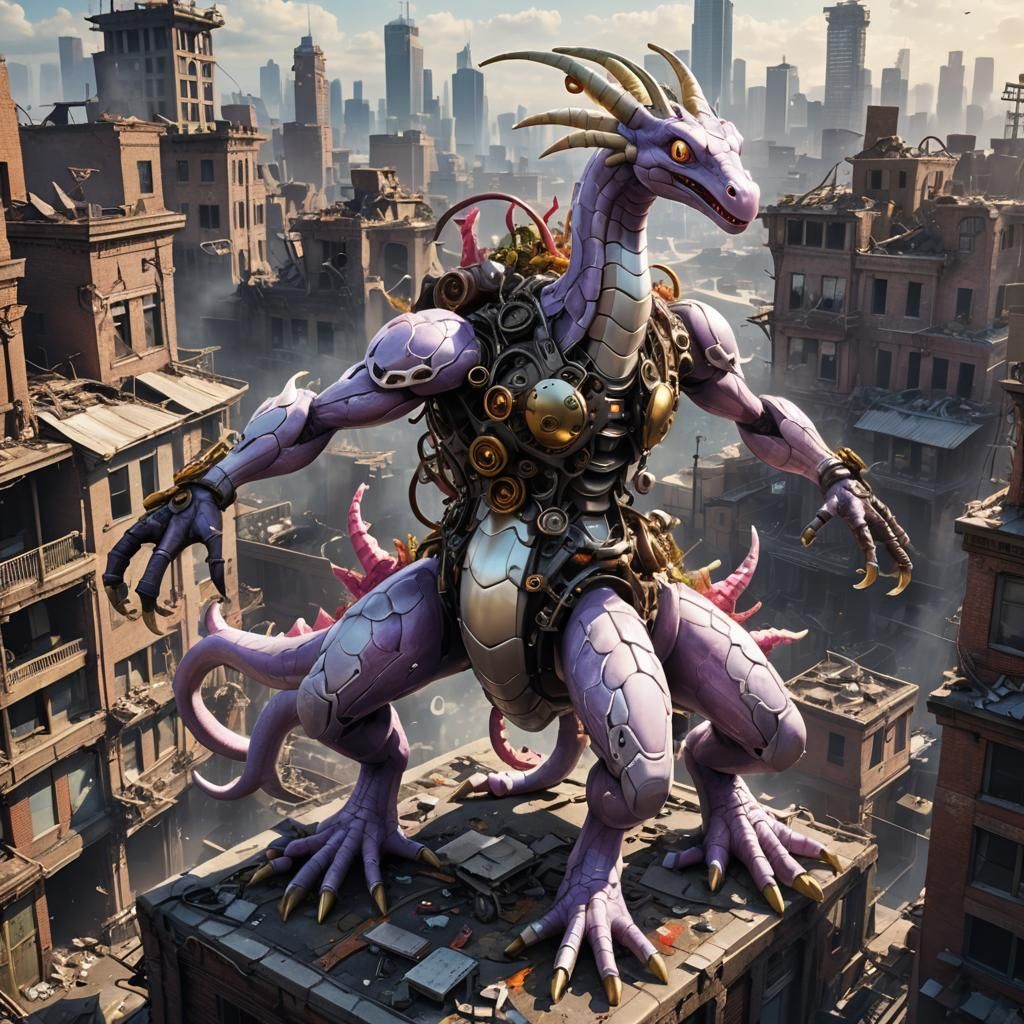 Mechanical Goodra Rises Over Ruined Cityscape