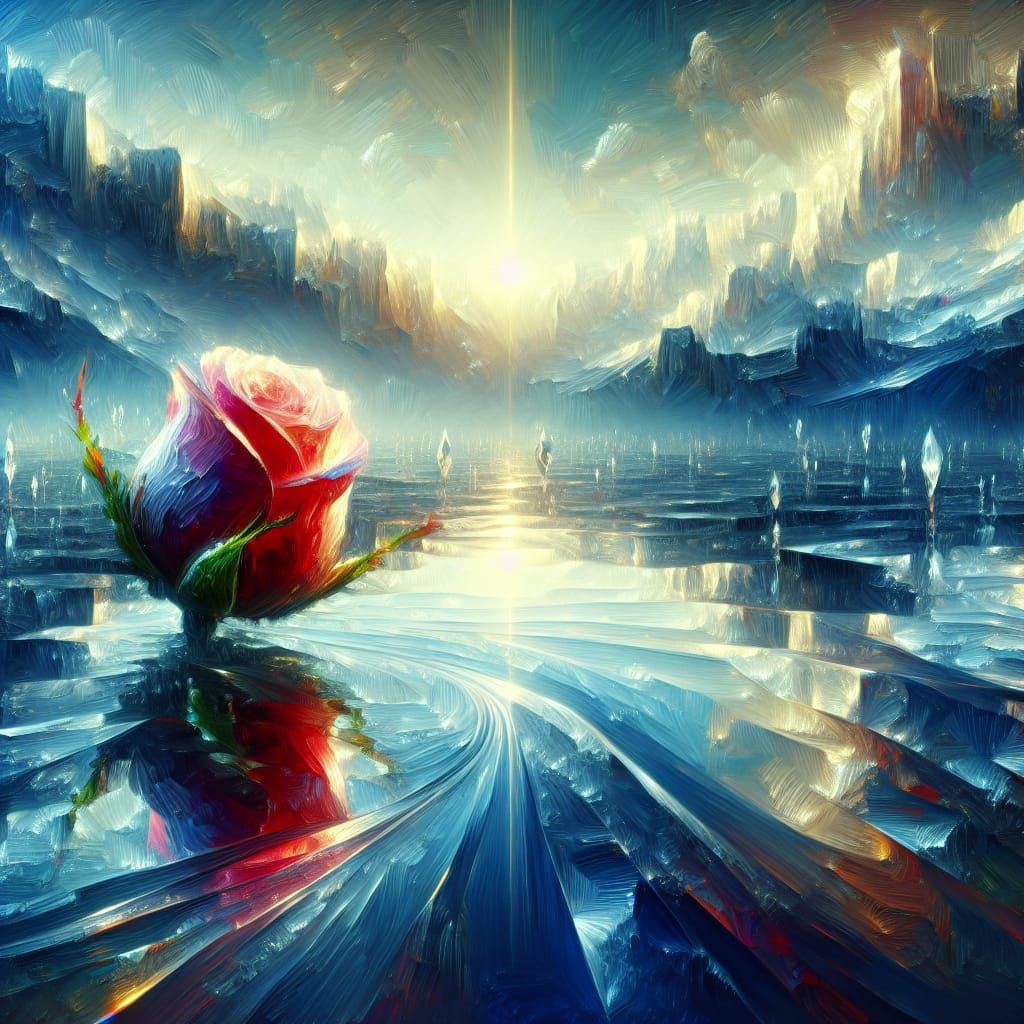 Ethereal Rosebud Blooms on Futuristic Lake