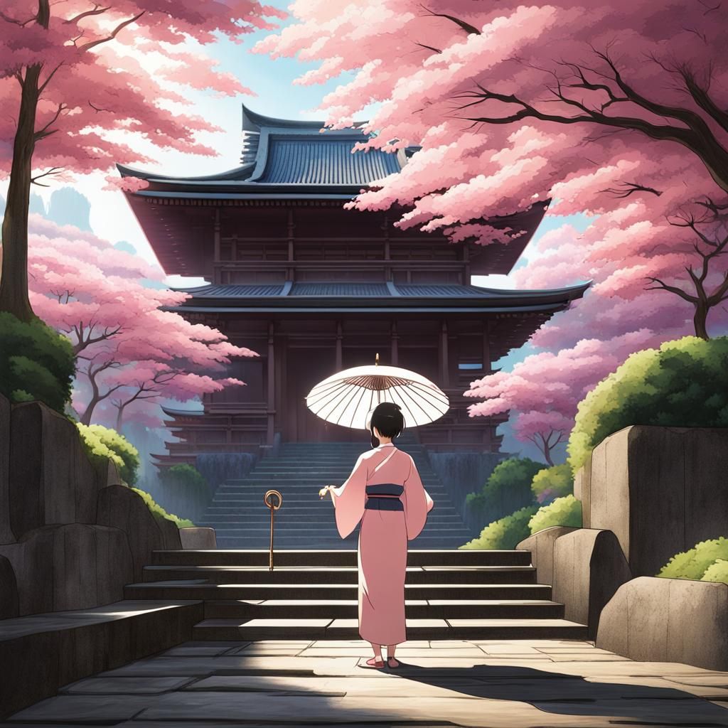 Japanese Lady in Kimono with Umbrella, Anime Style