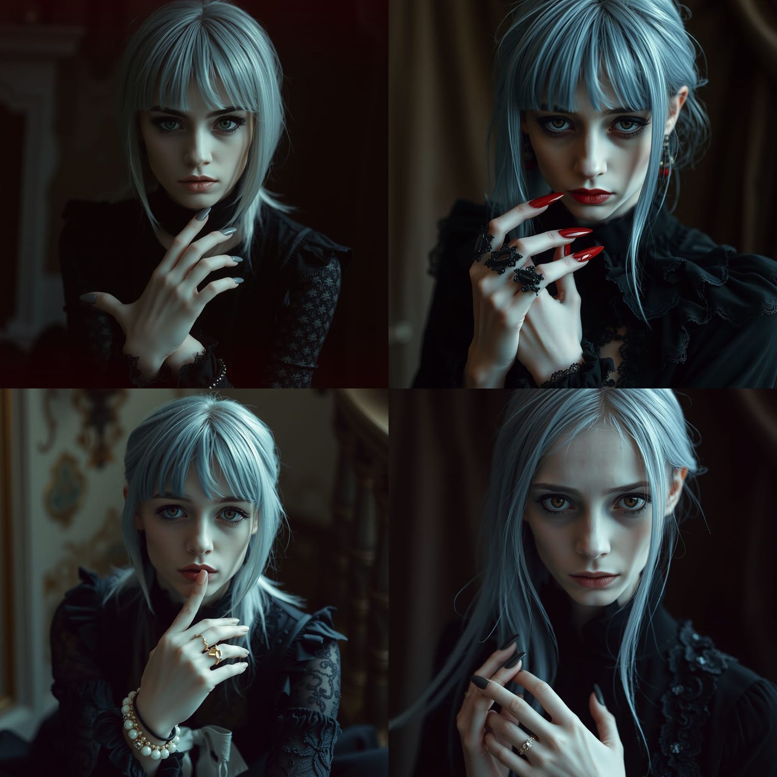 Sad Woman with Pale Blue Hair in Gothic Style
