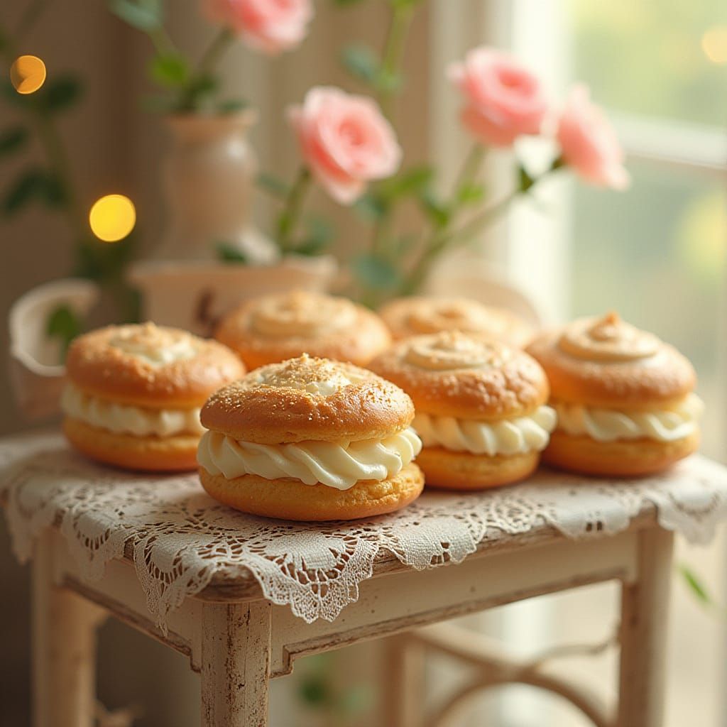 Creamy Eclairs on Vintage Cart as Watercolor Art