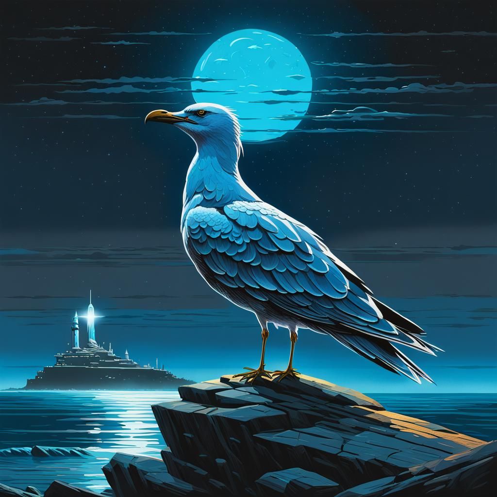 Cyber Seagull Gazing at Starry Sea, in Cyberpunk Style