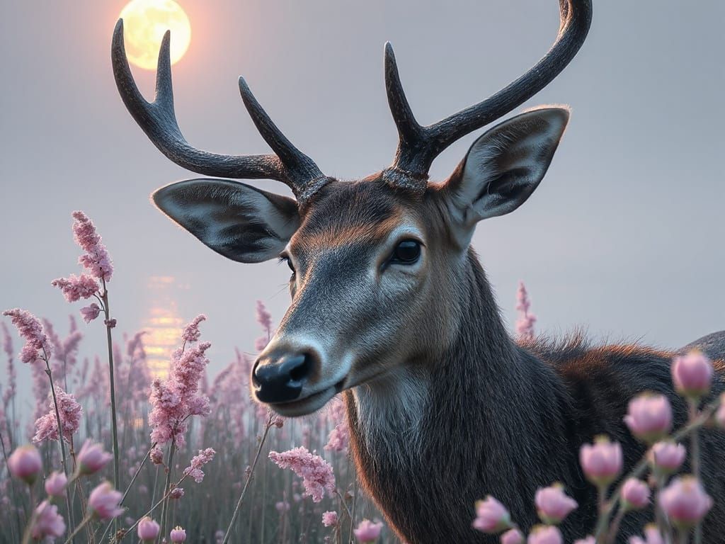 A Majestic Deer in Serene Muhly Grass Landscape