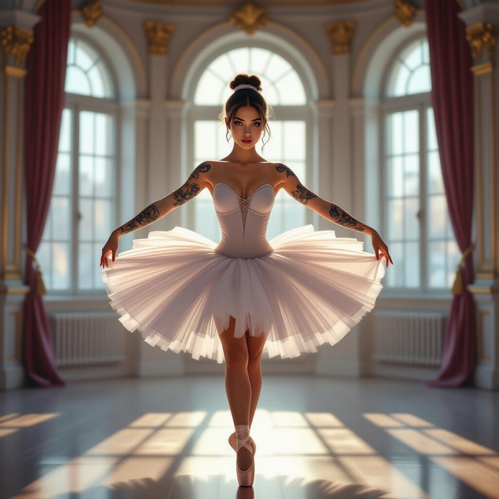 Tattooed Ballerina in Elegant Ballet Studio