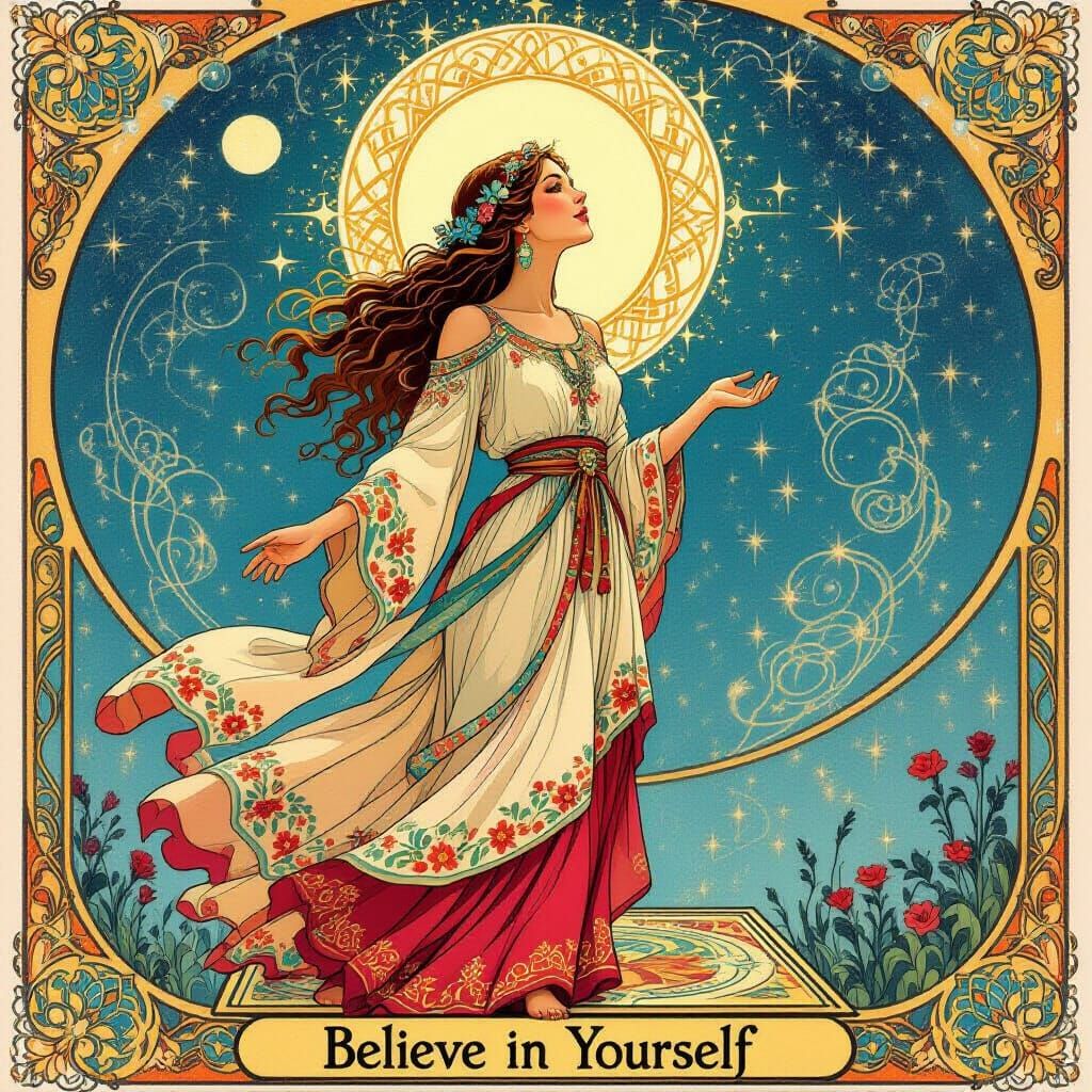 Bohemian Woman on Tarot Card in Art Nouveau Style