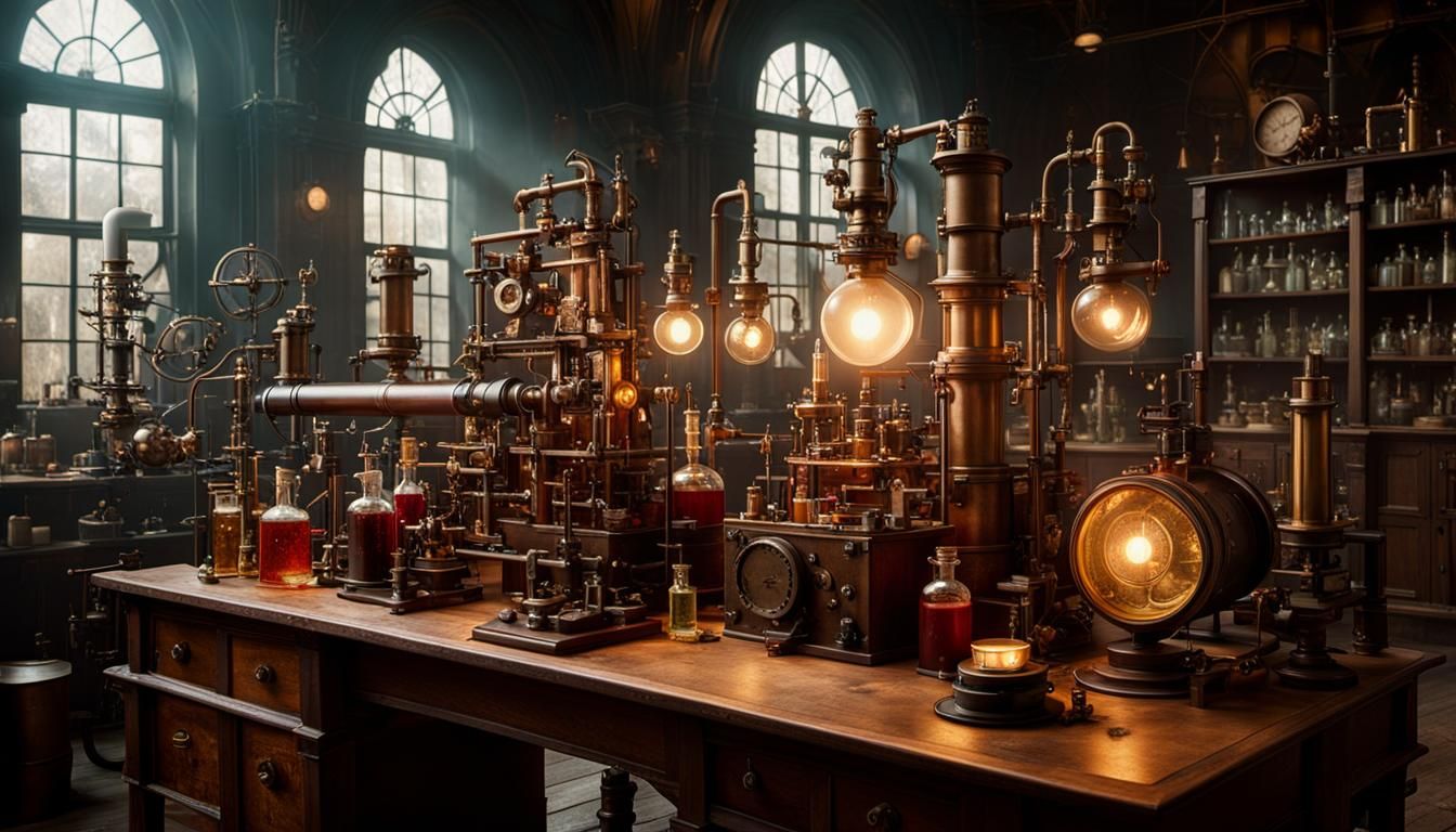 Steampunk Victorian Laboratory with Bubbling Chemistry, Phot...