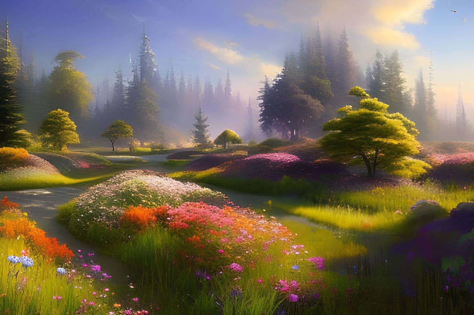 076 - Beautiful landscape with flowers and beautiful trees in the distance- 1895