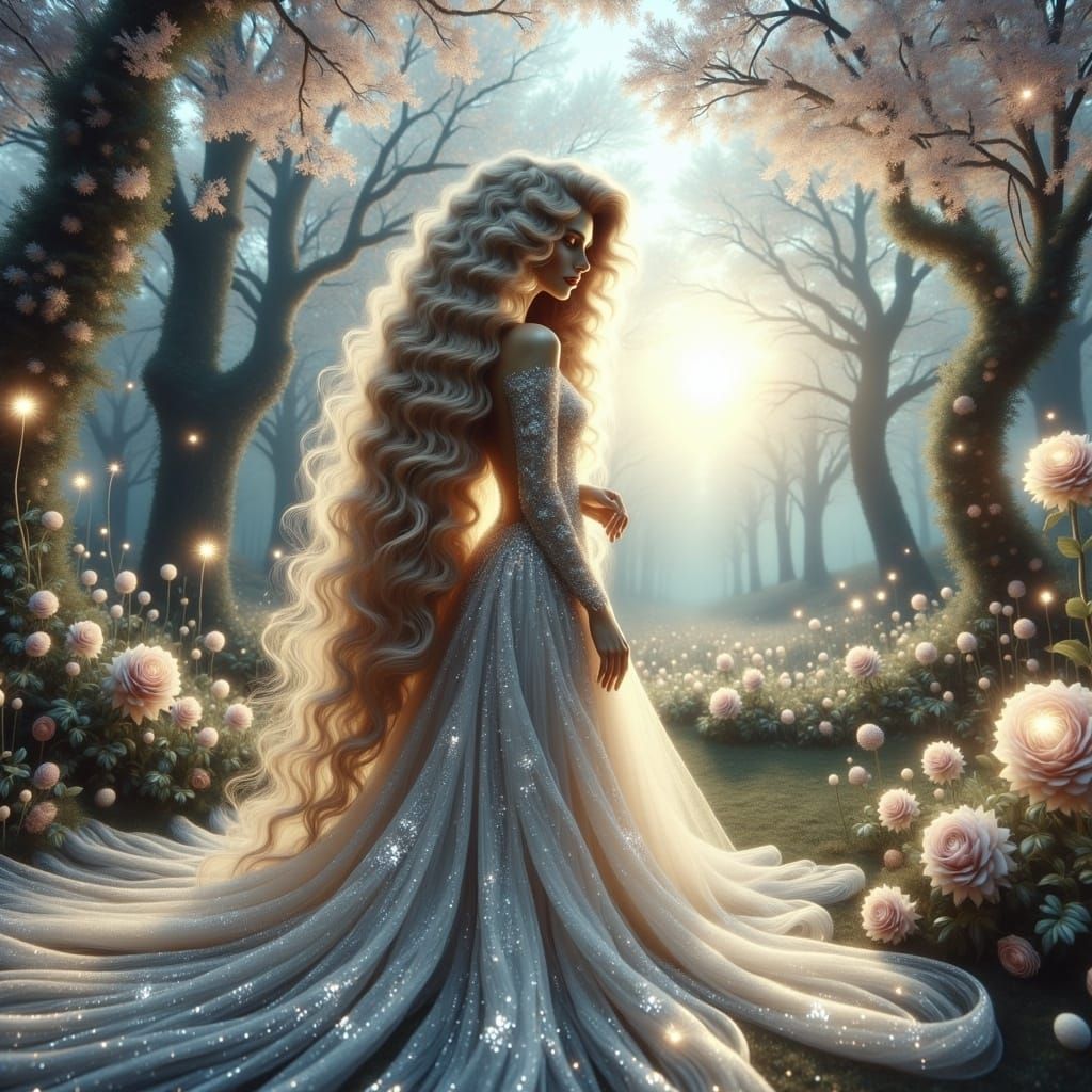 Ethereal Princess in a Dreamlike Silver Forest